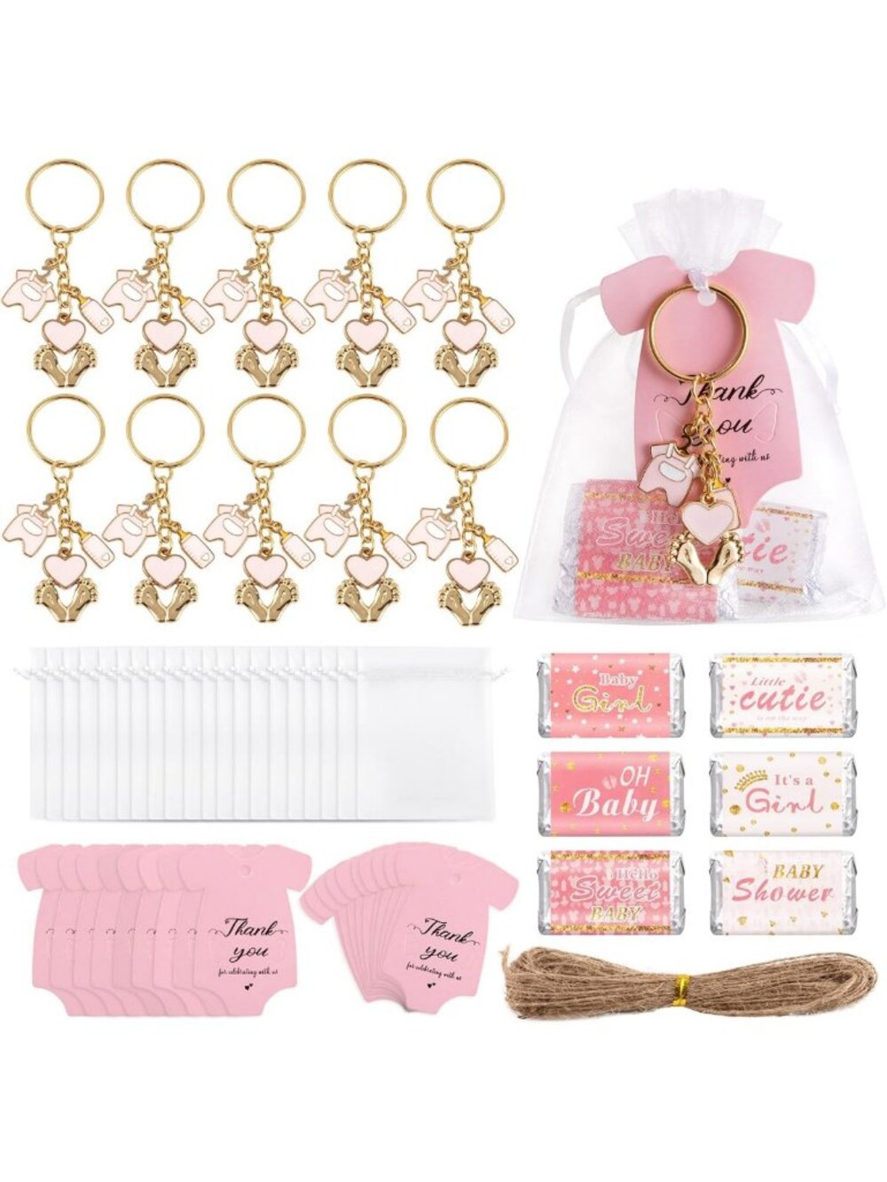 24 Baby Shower Party Favors - Pink Footprint Keychains & Thank You Cards, Gift